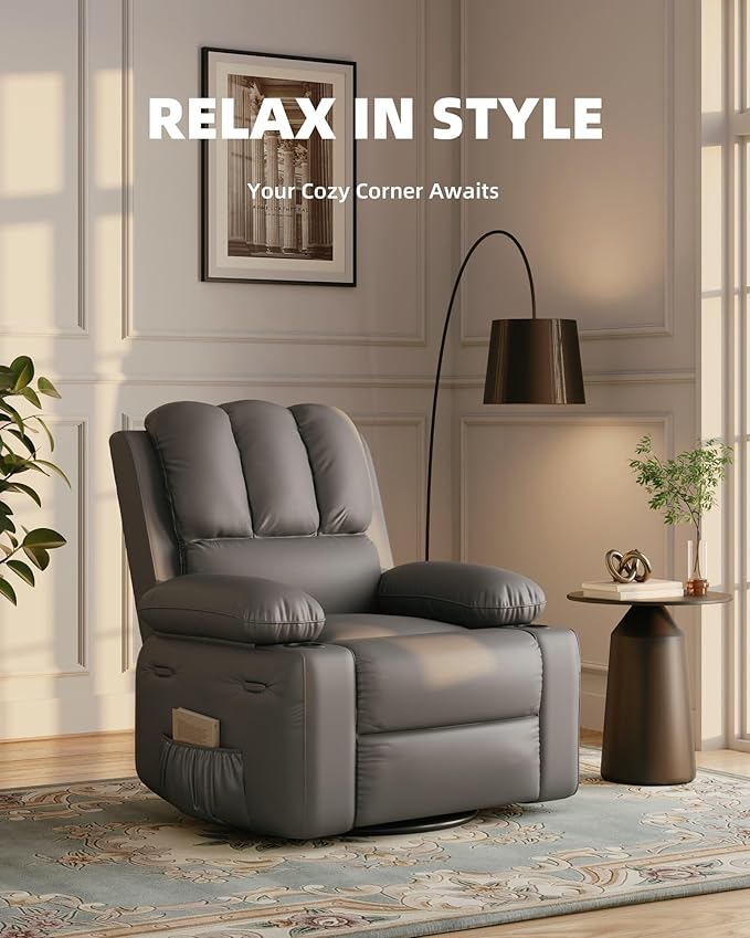 22 in Leather Recliner Chair for Adults Overstuffed Manual Recliner Chair Single Sofa with Cup Holder and Side Pockets Upholstered Chair for Living Rooms Gray