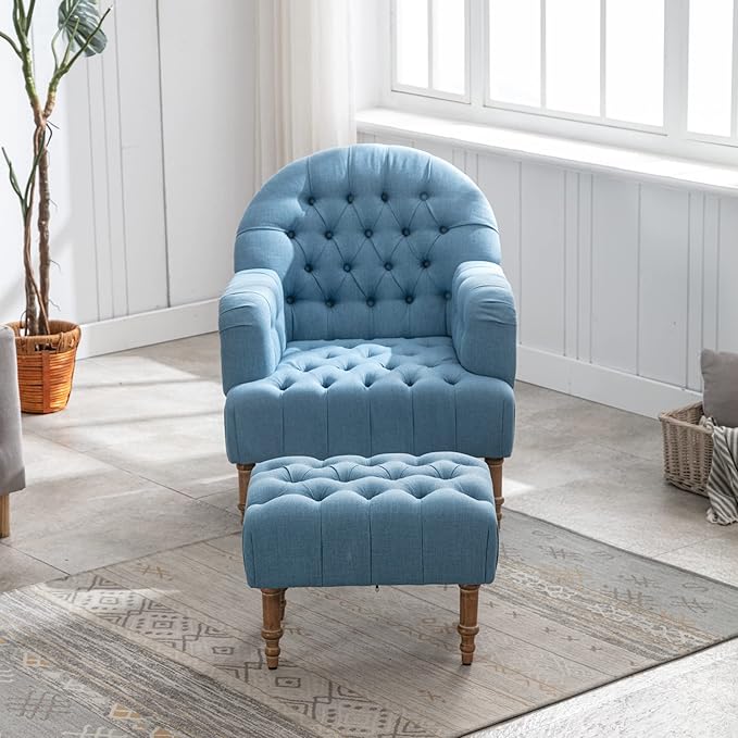 Accent ChairButton-Tufted Upholstered Chair SetMid Century Modern Chair with Linen Fabric and Ottoman for Living Room Bedroom Office LoungeBlue
