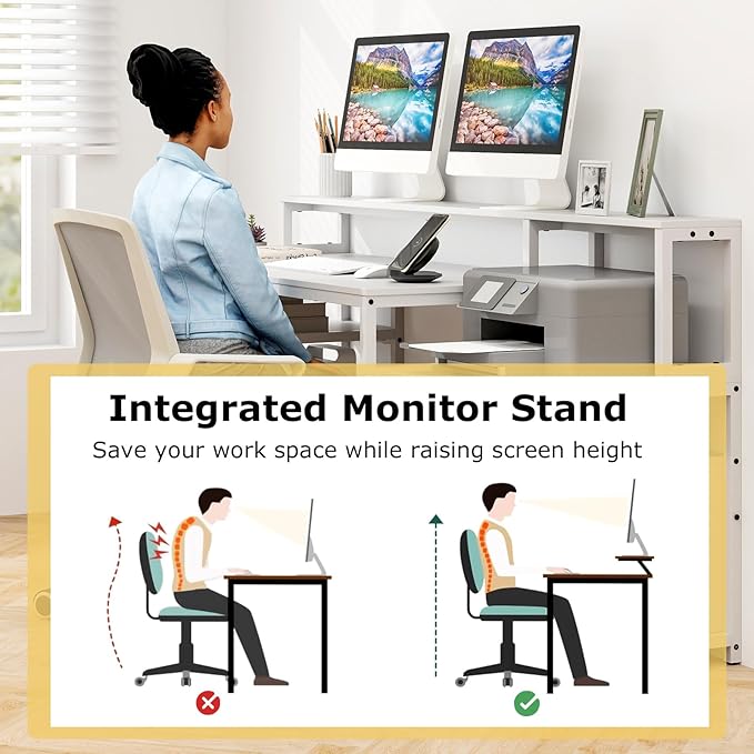 Tangkula Computer Desk with Power Outlets 66” Computer Workstation with Monitor Stand CPU Stand Printer Shelf &amp File Drawer Writing Table Gaming Desk for Home Office (White)
