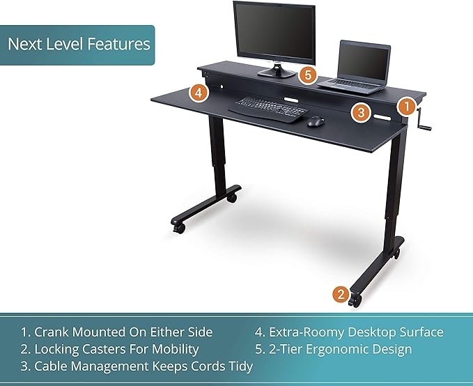 Stand Up Desk Store Crank Adjustable Two Tier Standing Desk with Heavy Duty Steel Frame (Black Frame/Black Top 48 Wide)