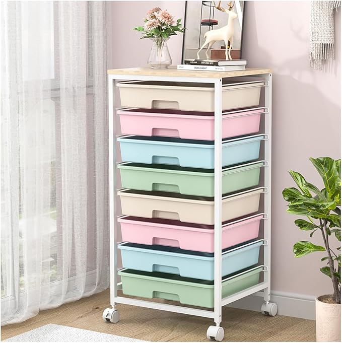 Rolling Storage Cart with DrawersUtility Cart With 8 Drawers and Wooden TabletopRolling Drawer CartStorage Drawer Cart for Living RoomClassroomBedroomBathroomDormOfficeRainbow