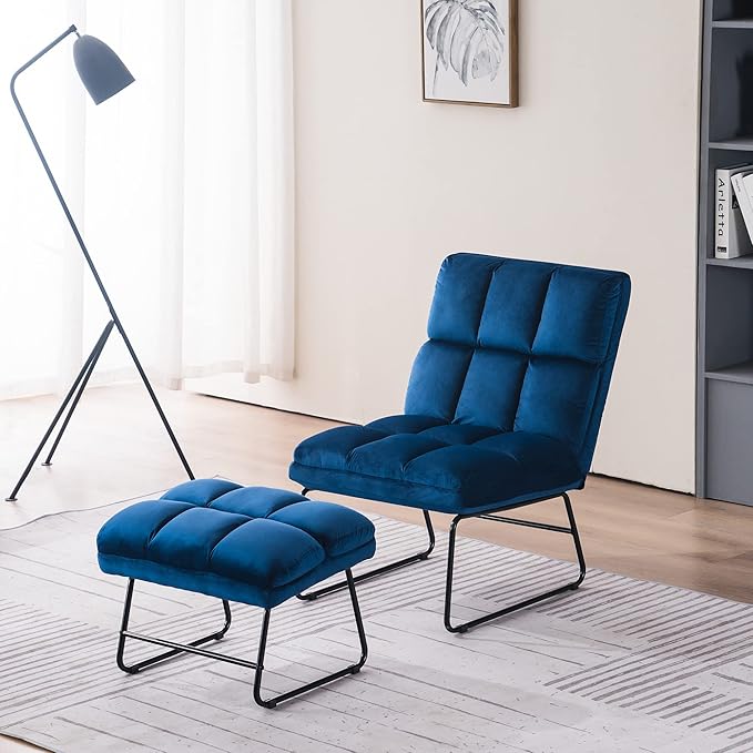 MCombo Velvet Accent Chair with Ottoman Set Modern Armless Chair for Living Room Bedroom Small Space 0014 (Velvet Blue)