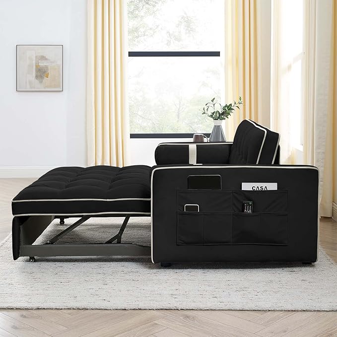 Sleeper Sofa Couch w/Pull Out Bed 55 New Upgraded Tufted Velvet Convertible Sleeper Couch Bed Small Love seat Sofa w/ 2 Pillows for Small Space Living Room Apartment Black