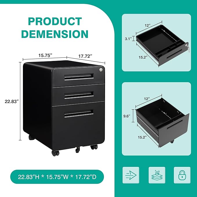SISESOL 3 Drawer File Cabinet with LockRolling File CabinetsUnder Desk File CabinetThree Drawer Filing Cabinet for Home Office with WheelsFit A4/Letter/Legal FileFully Assembled Except Casters
