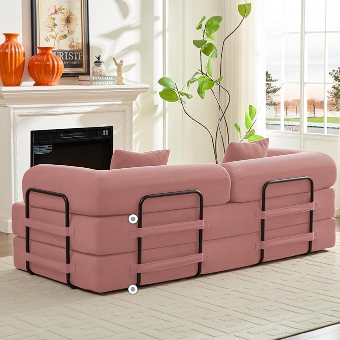 ijuicy 4-in-1 King Convertible Floor Sofa Bed w/ 2 PillowModular Sleeper Sofa/Folding Futon Couch Bed w/Cylindrical Backrest and Fixed FrameLounge CouchCorduroy Compression Sofas for Home-Pink