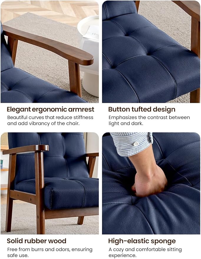 Mid Century Modern Accent Chairs for Living Room Comfy Bedroom Chairs for AdultsSmall Wide Reading Nook Arm Chair 105° Ergonomic Cozy Blue Linen Armchair with Rubber Wood