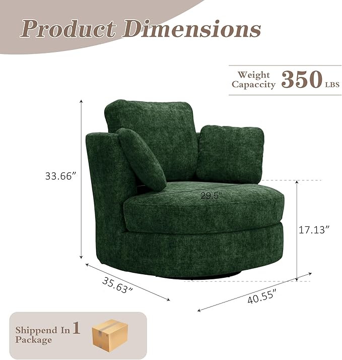 Mlmh &amp Kngwa Oversized Swivel Chair 40 inch Round Swivel Accent Chair with 3 Pillows Modern Barrel Chairs for Living Room Cozy Chenille Chairs for Reading Nook Bedroom Green