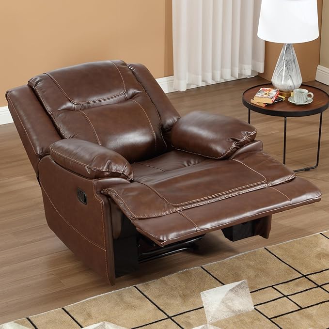 EBELLO Genuine Leather Manual Recliner Chair Reclining Sofa Chair Couch for Living Room Bedroom Furniture Meeting Room Brown