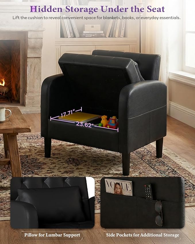 TYBOATLE Leather Chairs w/Storage Comfy Modern Living Room Chairs Black Accent Chair Set of 2 for Reading Armchair for Bedroom Waiting Room Office (2 Black)