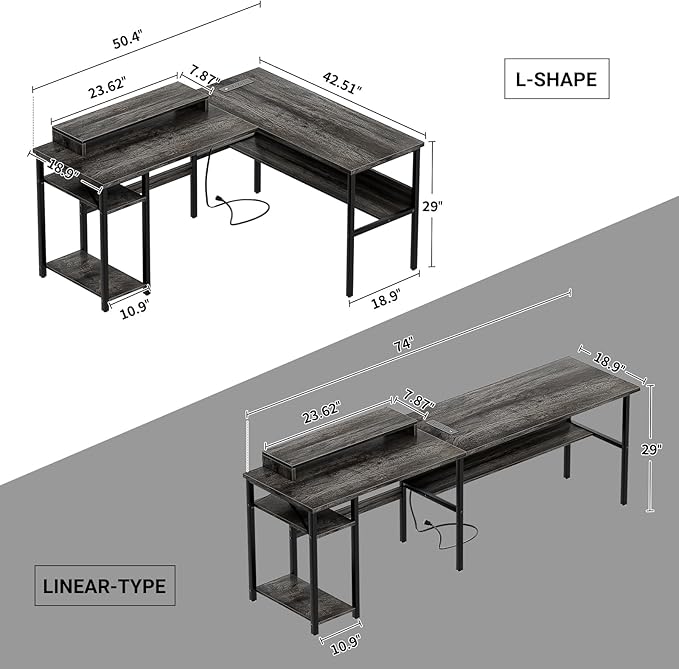Unikito Reversible L Shaped Desk with Power Outlets and RGB LED Light Sturdy Computer Desk with Ergonomic Monitor Stand and Storage Shelves Corner Desk for Home Office Easy Assembly Black Oak