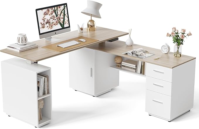 FEZIBO L Shaped Executive Standing Desk with File Cabinet &amp Shelves Electric Height Adjustable &amp Shape Reversible Light Walnut