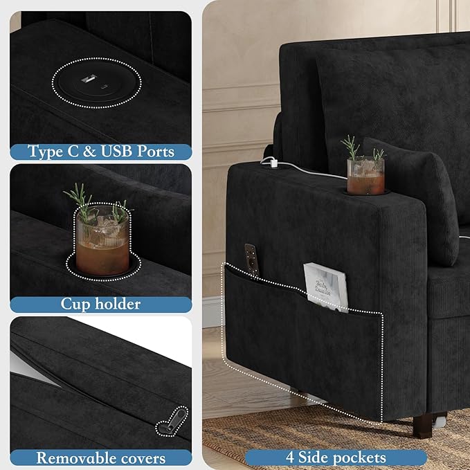 Garvee 3 in 1 Pull Out Couch 56 Inch Convertible Sleeper Sofa Bed Loveseat Sofa Couch with Cup Holders USB &amp Side Pocket Modern Loveseat for Living Room Bedroom Includes Toss Pillows Black