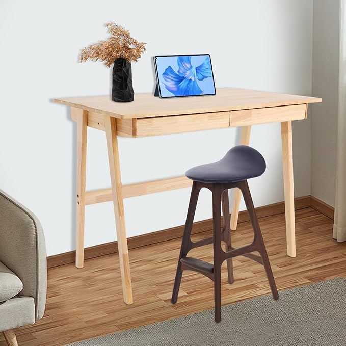Modern Computer Desk with 2 Drawers Solid Wood Writing Desk for Home Office 39.3 Large Desktop 330 lbs Load Capacity Ergonomic Study Table (Log Color)