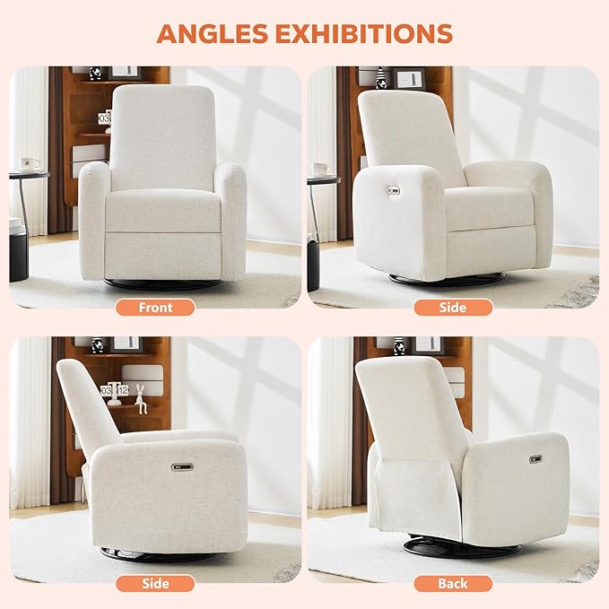 Power Recliner Chair Swivel Rocker Recliner w/USB &amp Type-C Charging Ports Chenille Upholstered Swivel Rocker Glider Recliner for NurseryLiving Room Bedroom 1PC Cream