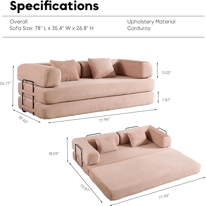 Convertible Folding Couch Bed Comfy Corduroy Sleeper Floor Sofa Bed with Fixed-Shape Frame Floor Sofa with Armrest Lounge Couch for Living Room Bedroom Lounge StudioPale Pink