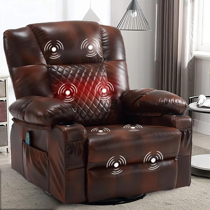 Faux Leather Swivel Rocker Recliner with Heat and Massage Cup Holders Overstuffed Rocking Glider Chair Heated Massaging Reclining Chair Brown