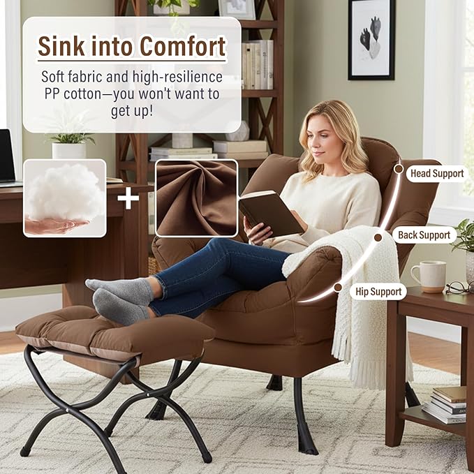Lazy Chair with Ottoman Modern Accent Chairs with Folding Footrest Dark Brown Sofa Chair Set Comfortable Reading Chairs Oversized Armchairs for Bedroom Study Living Room Courtyard