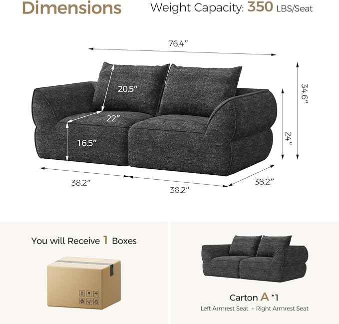 76.4 Cloud Loveseat Sofa Deep Seat Couch with Pillows Modern Comfortable Upholstery Boneless Sofa 1 Piece for Living Room Bedroom Apartment Removable CoverNo Assembly Required Dark Gray