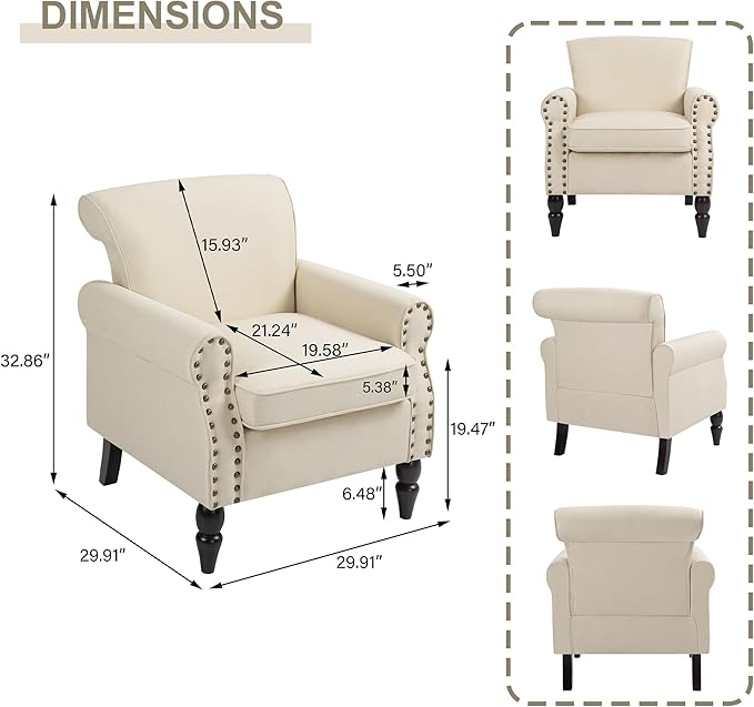 Accent Chair Upholstered Armchair with High Resilience Sponge &amp Wood Legs Mid-Century Modern Comfy Single Sofa Reading Chairs for Living Room Bedroom (Beige Set of 2)