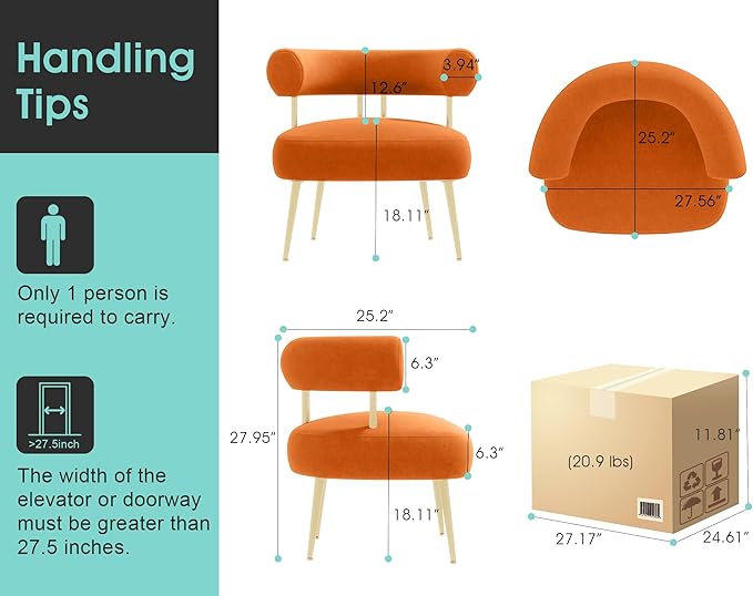 Modern Velvet Accent Chair Round Upholstered Barrel Armchair for Small Spaces Fluffy Side Corner Sofa Chair for Living Room Bedroom Vanity Office Reading Nook(Orange)