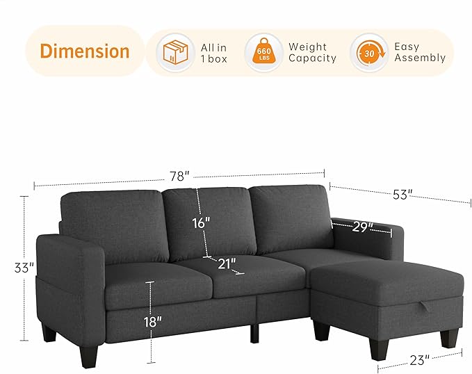 78 Sectional Sofa Couches for Living Room Dark Grey Convertible L Shaped Couch with Storage Ottoman Deep Seat Pet-Friendly Linen Fabric Sofa Set for Small Space Apartment Dorm