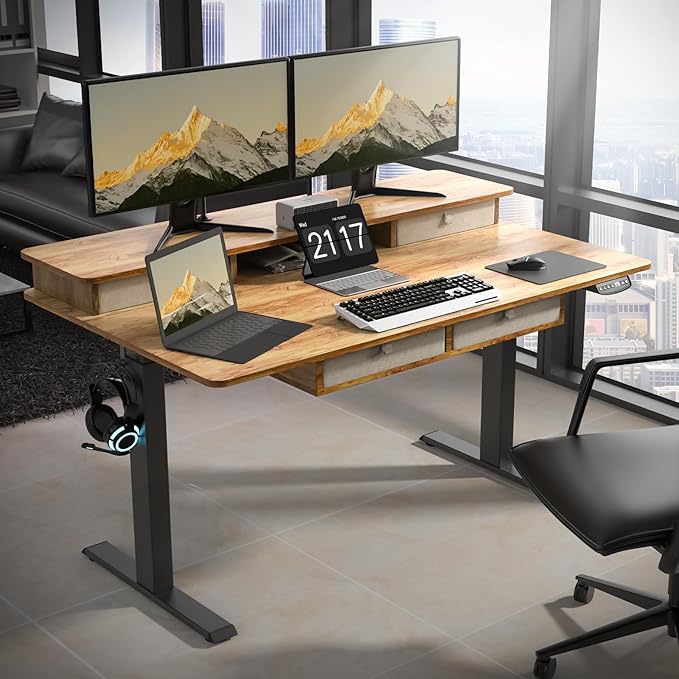 55 * 30 Inches Electric Standing Widened Desk Adjustable Height with 4 Drawers Double Storage Shelves Stand Up Desk Home Office Workstation Sit Stand up Desk (Light Rustic Brown)