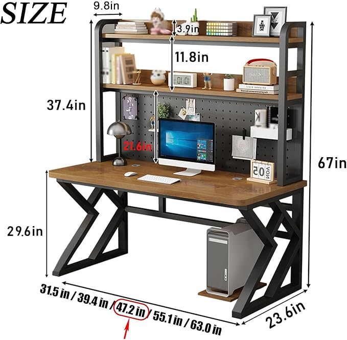 Gaming Desk with Pegboard and Storage Shelves Computer Desk with Home Office Design Modern Office Desk with Spacious Computer Workspace for Home Office and Gaming Setup (Brown 47.2 in)