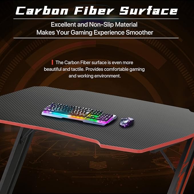 HKLGorg Gaming Desk Computer Desk Z Shaped Gaming Table Writing Modern Ergonomic Racing Style Home Office Table Workstation Carbon Fiber Headphone Hook for Men Boyfriend Female Gift (Red 35)