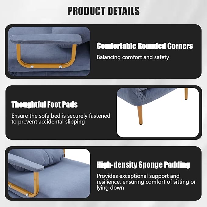 Convertible Sleeper Sofa Bed 3 in 1 Multi-Functional Sofa Chair Bed with 5 Position Adjustable Backrest Folding Sofa Bed Floor Single Chairs Fold Out Chair Beds for Living Room (Grey)