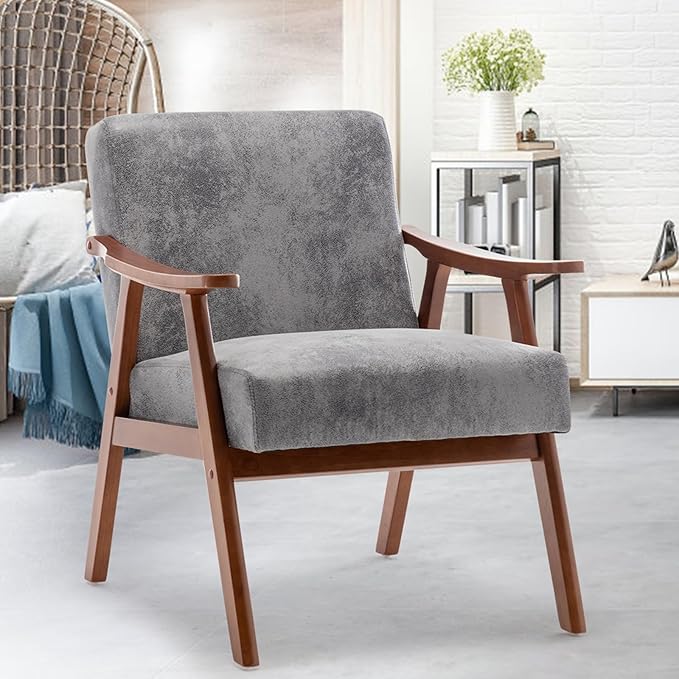 Fefances Mid-Century Modern Accent Chair - Solid Wood Frame Ultra-Thick Backrest Wingback Design Perfect for Bedroom &amp Indoor Lounge AreaGrey