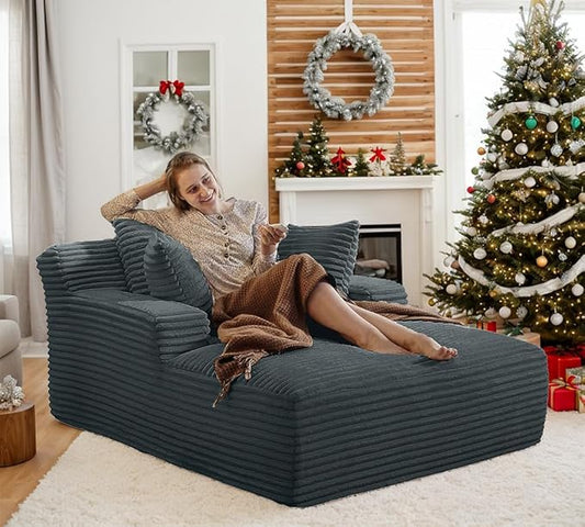 Oversized Chaise Lounge Chair Indoor Bedroom Single Deep Seat Comfy Corduroy Upholstered Sofa Bed No Assembly Required Sleeper Chair Sofa for Living Room (Grey)