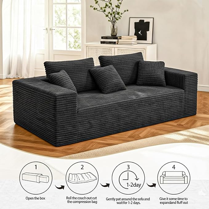 3-Seater Deep-Seat Corduroy Lounge Sleeper Sofa - No Assembly Frameless Foam Cloud Couch for Living Room Bedroom Apartment Dorm Office