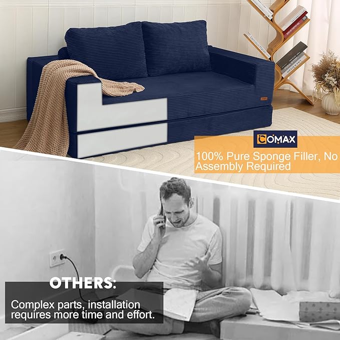 COMAX Convertible Sofa Bed Queen Corduroy Folding Floor Couch Pull Out Couch Bed Futon Sleeper with Pillows Fold Out Boneless Sofa Comfy Lounge Mattress Loveseat for Living Room Bedroom Navy