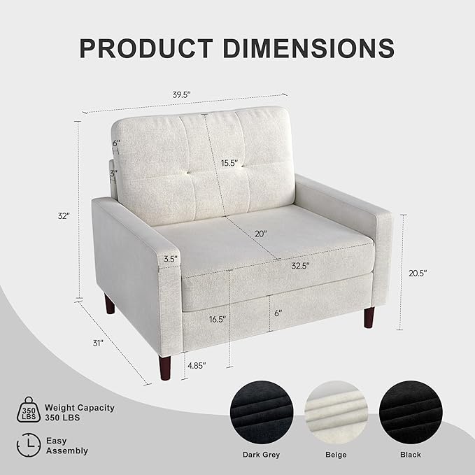 Accent Chair for Living Room Oversized 39.5 Chenille Fabric Armchair Mid Century Modern Single Sofa Chair Comfy Reading Chair for Bedroom Apartment Waiting Room (White 2 Pack)