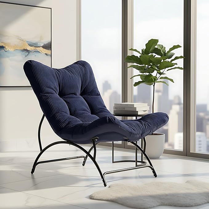 Welnow Accent Lounge Lazy Chair Comfy Soft Leisure Metal Frame Reading Chair Upholstered Thick Cushion Seated Recliner Sofa for Living Room Bedroom Dorm Navy