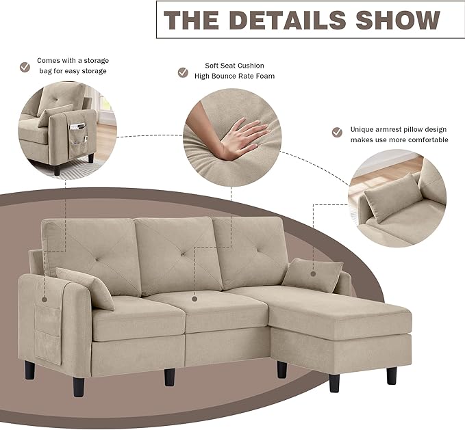 Small Sectional Sofa Convertible Sectional Sofa with Reversible Chaise Modern 3 Seat L-Shaped Sofa Couches for Living Room Apartment Office Beige