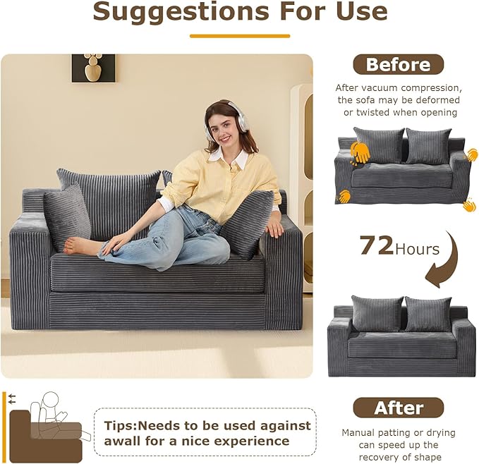 Convertible Sofa Bed Boneless Loveseat Folding Couch Bed Foldable - 3 in 1 Small Ccouch &amp Futon Sofa Sleeper Corduroy Pull Out Couch with 4 Pillows for Living Room Black