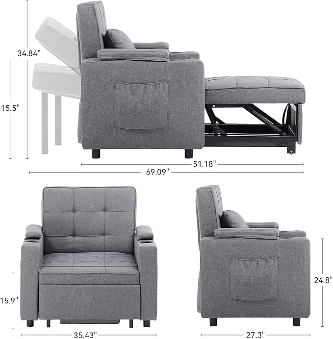LUCKLIFE 3-in-1 Sleeper Chair BedPull-Out Convertible Sofa Bed Armchair with Cup HoldersSide Pocket and Under-Bed Storage for Living Room&ampBedroom (Grey)