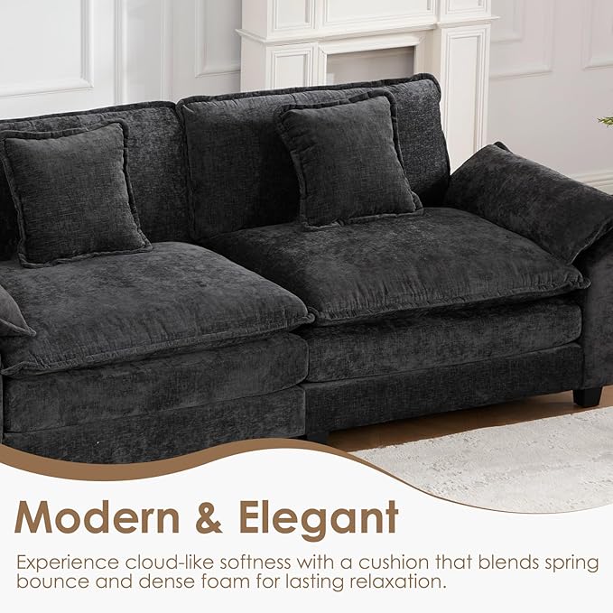 117.3 Modern Chenille Modular Cloud Sofa 3 Seater L Shaped Couch with Movable Ottoman Featuring Deep Seats and Pillows Easy Assembly Comfy Couches for Living Room Black