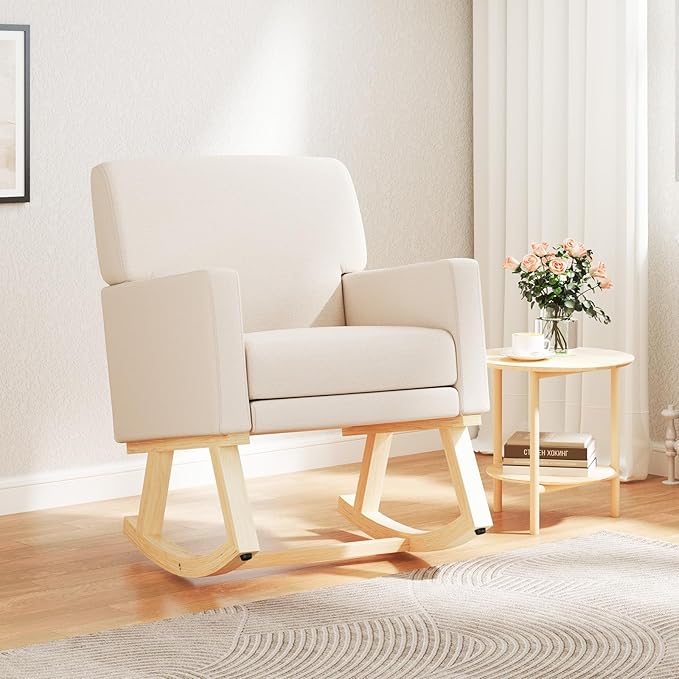 Giantex Upholstered Rocking Chair Nursery Rocking Chair w/Widened Back Machine-Washable Seat Cushion Cover Solid Rubber Wood Frame Glider Rocker Accent Chair for Living Room Bedroom Beige