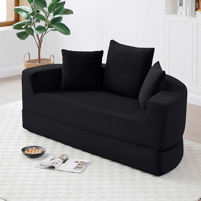 67-inch Convertible Futon Sofa Bed Round Folding Comfy Corduroy Upholstered Couch Bed with 3 Pillows Boneless Floor Lazy Loveseat Sofa for Living Room Apartment Small Spaces Pinstripe Black