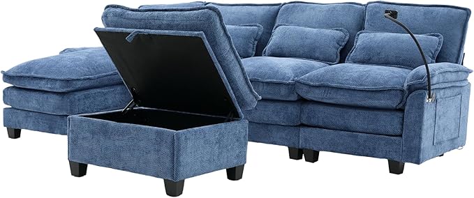 U Shape Sectional Sofa Cloud Couch 106.7 Modern Chenille Comfy Modular Couch with Storage Ottoman 4 Seat Upholstery Sofas with USB Port &amp Phone Holder for Living Room Navy Blue