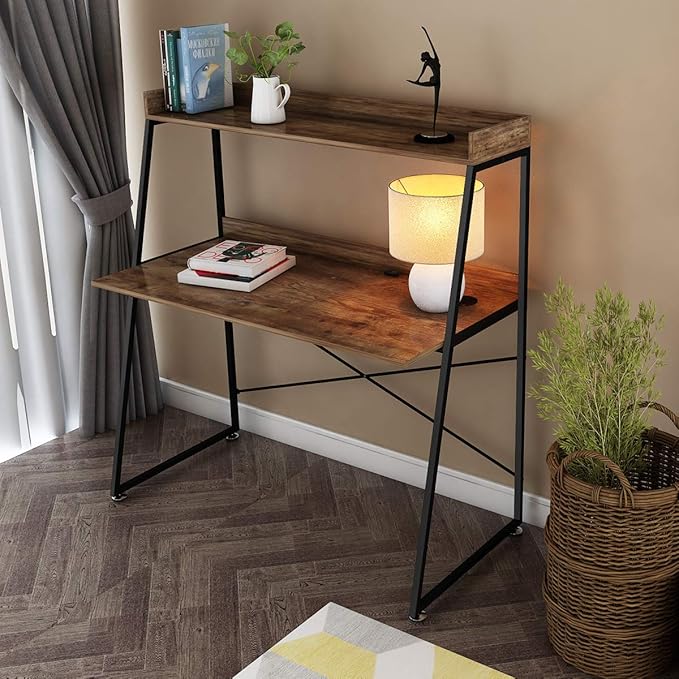 DESIGNA 48 Inch Ladder Desk with Storage Shelves 2-Tier Home Office Students Study Writing PC Computer Gaming Table with Bookshelf Modern Workstation for Small Space Saving Metal Frame Rustic Brown