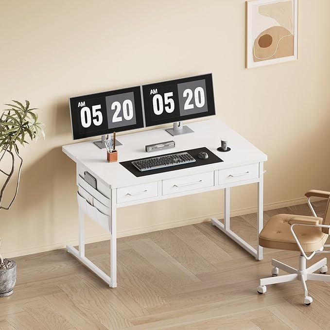 Small Desk with Drawers 39.4X15.8-22.9 Inches Office Computer Desk with Side Pocket &amp Ergonomic Monitor Stand Writing Table for Small Spaces Bedroom White