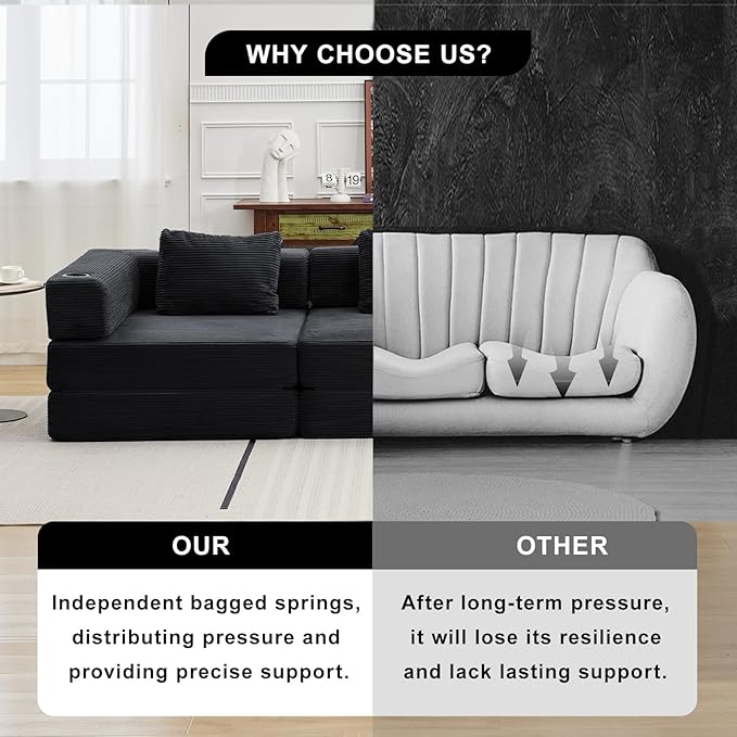 118 Oversized Sectional Couches Convertible Floor Sofa Bed with Cup Holder Boneless Foldable Mattress Cloud Couch with Pillow Back &amp Armrest for Living Room Bedroom Lounge(Corduroy Black)
