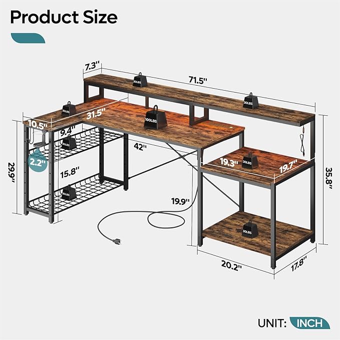 Bestier 71.5 inch Computer Desk with Power Outlets L Shaped LED Home Office Desk with Long Monitor Stand Large Corner Desk with Storage Shelf Cup Holder &amp Headset Hooks Modern Simple Table