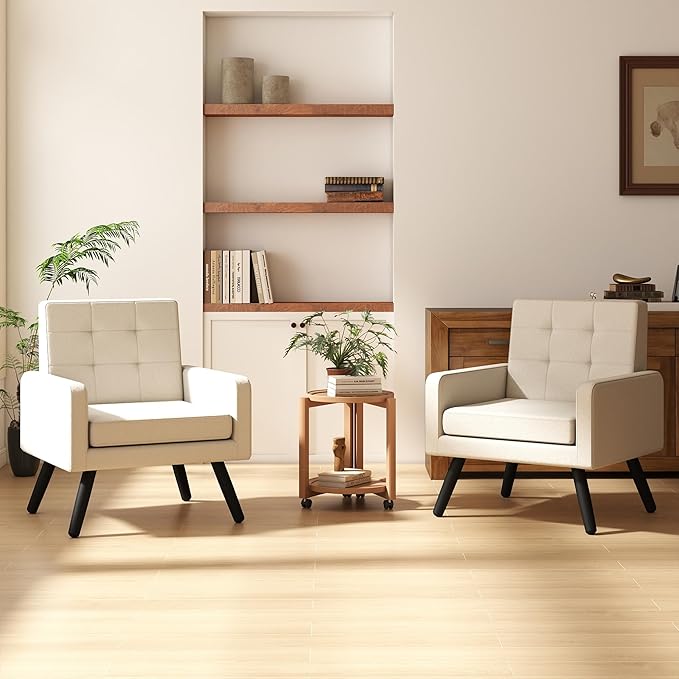 Accent Chair for Living Room Set of 2 Mid-Century Modern Comfy Upholstered Armchair with Large Seat Single Sofa Reading Chair 496 Lb. Weight Capacity for Bedroom Apartment Cream