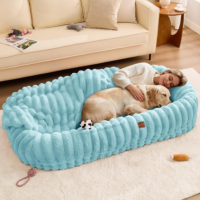 Human Dog Bed for Adult - Luxury Striped Faux Fur Giant Dog Bed with Portable Handle Egg Orthopedic Foam Pad with Thick Blanket 72x40x10 Blue