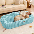 Human Dog Bed for Adult - Luxury Striped Faux Fur Giant Dog Bed with Portable Handle Egg Orthopedic Foam Pad with Thick Blanket 72x40x10 Blue