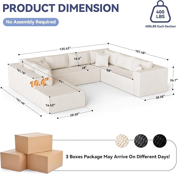 135 U Shaped Boneless Couch Oversized Boneless Sectional Couches for Living Room Large Modular Sofa with Ottoman Plush Corduroy Couch with Deep Seat Chaise No Assembly Beige